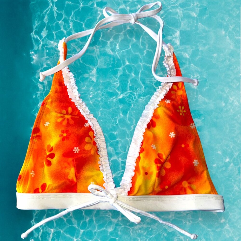 90's dainty ruffle trim halter bralette retro swimsuit top in orange boho